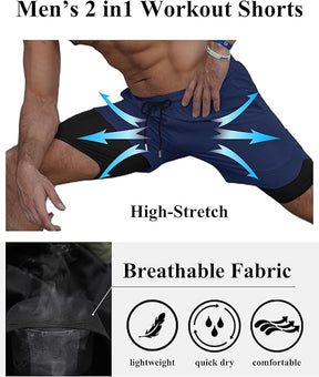 COOFANDY Men's 2 Pack Running Shorts 2 in 1 Workout Shorts Quick Dry Gym Training Athletic Jogger with Phone Pockets