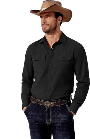 COOFANDY Mens Western Cowboy Shirt Long Sleeve Cotton Button Down Work Shirts with Pockets