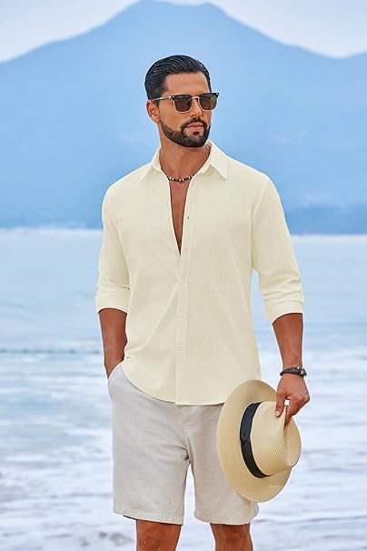 COOFANDY Men's Casual Button Down Shirts Long Sleeve Cotton Beach Wedding Shirt Summer Linen Shirt for Men
