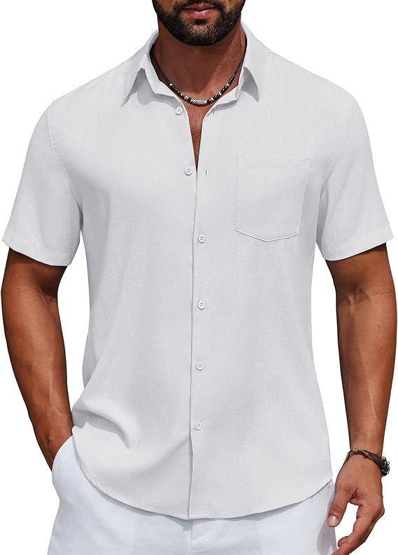 COOFANDY Men's Short Sleeve Casual Button Down Shirts Summer Beach Wedding Textured Linen Shirt for Men