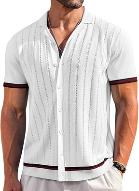 COOFANDY Men's Short Sleeve Knit Casual Button Down Shirt Vintage Striped Knitted Golf Beach Tops
