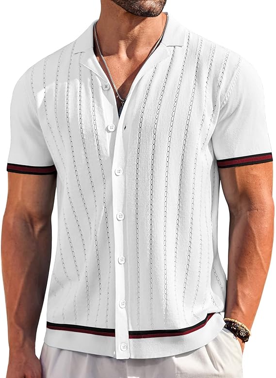 COOFANDY Men's Short Sleeve Knit Casual Button Down Shirt Vintage Striped Knitted Golf Beach Tops