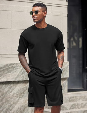 COOFANDY Men's Casual Short Sets 2 Piece Outfits Cotton T-Shirts and Cargo Shorts Set Summer Jogging Tracksuit