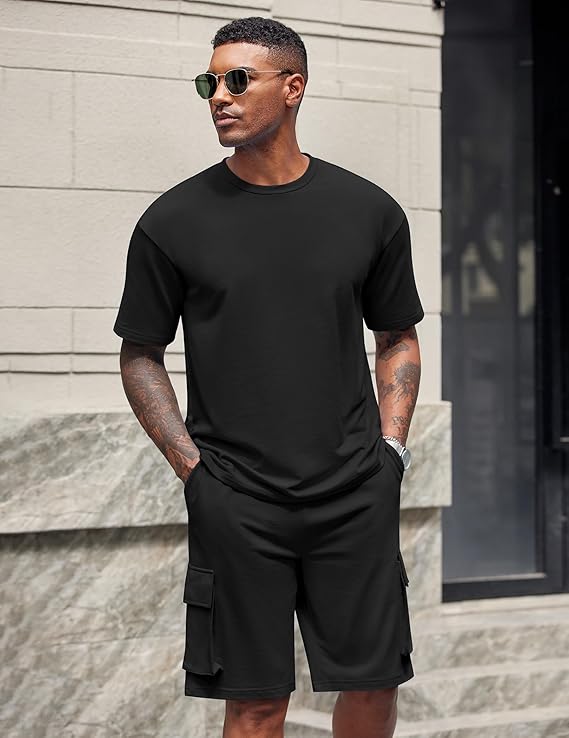 COOFANDY Men's Casual Short Sets 2 Piece Outfits Cotton T-Shirts and Cargo Shorts Set Summer Jogging Tracksuit