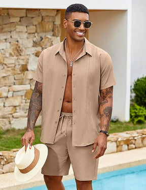 COOFANDY Men's 2 Piece Outfits Cuban Guayabera Short Sleeve Shirts and Shorts Summer Beach Vacation Sets for Men