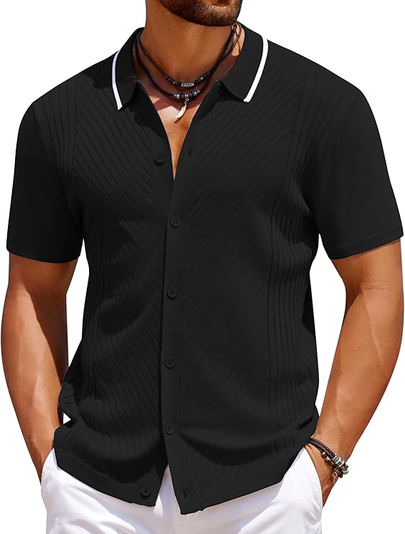 COOFANDY Men's Knit Short Sleeve Button Down Shirt Vintage Polo Shirt Casual Summer Beach Shirts