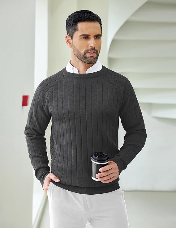 COOFANDY Mens Crewneck Pullover Sweaters Business Casual Long Sleeve Slim Fit Sweater Chunky Cable Knit Sweater
