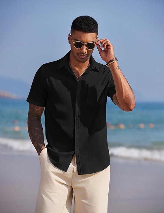 COOFANDY Men's Short Sleeve Button Up Vacation Camp Shirt Summer Beach Wrinkle Free Linen Shirt Big and Tall