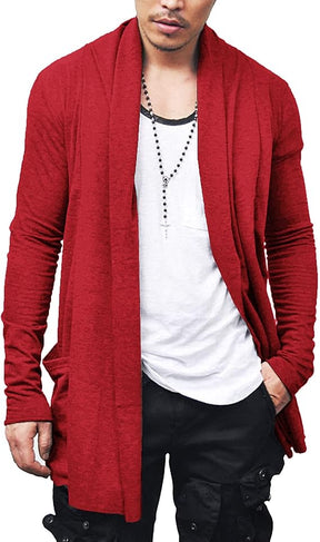 COOFANDY Men's Ruffle Shawl Collar Cardigan Open Front Lightweight Long Length Drape Cape Overcoat with Pockets S-XXXL