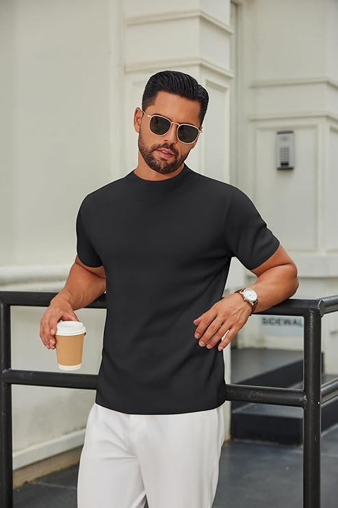COOFANDY Men's Mock Turtleneck Sweater Short Sleeve Casual Knitted T-Shirts Thermal Tops Solid Basic Tee