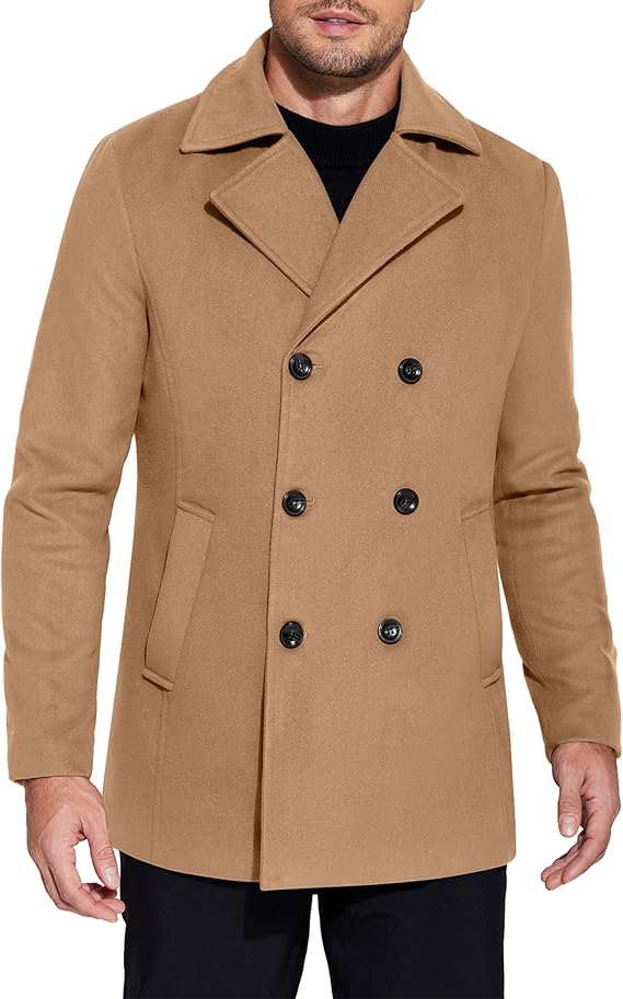 COOFANDY Men's Double Breasted Pea Coat Winter Overcoat Short Trench Coat Notched Collar