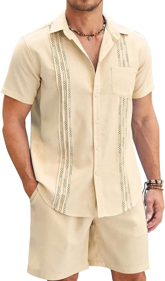 COOFANDY Men Linen Sets Outfits 2 Piece Short Sleeve Cuban Shirts Guayabera Linen Suit