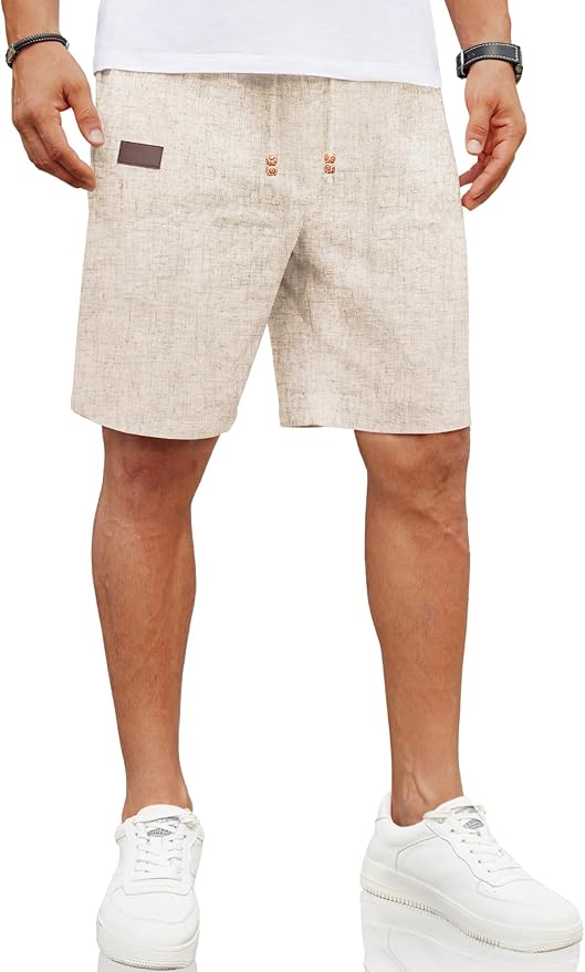 COOFANDY Mens Casual Linen Shorts Elastic Waist Drawstring Loose Fit Summer Beach Vacation Shorts with Pockets