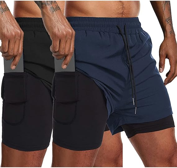 COOFANDY Men's 2 Pack Running Shorts 2 in 1 Workout Shorts Quick Dry Gym Training Athletic Jogger with Phone Pockets