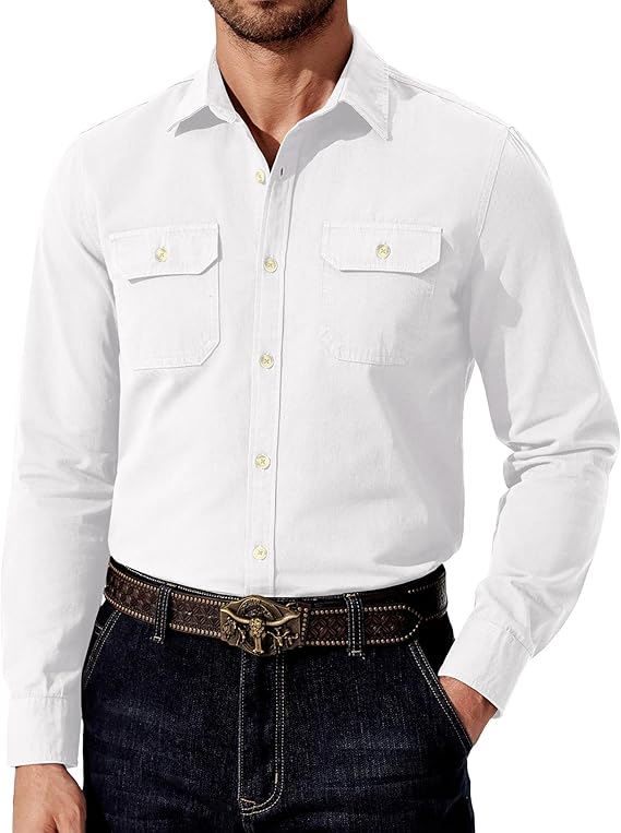 COOFANDY Mens Western Cowboy Shirt Long Sleeve Cotton Button Down Work Shirts with Pockets
