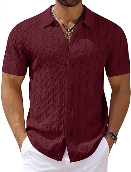 COOFANDY Men's Knit Short Sleeve Shirts Button Down Vintage Knitted Polo Shirt Casual Beach Crochet Cable Vacation Shirt