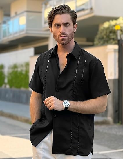 COOFANDY Men's Cuban Guayabera Shirt Casual Short Sleeve Button Down Shirts Summer Beach Shirts