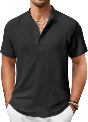 COOFANDY Men's Casual Henley Shirt Short Sleeve Summer Shirts Linen Band Collar Summer Beach Hippie T-Shirts