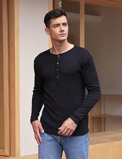 COOFANDY Men's 2Pack Slim Fit Henley Shirts Long Sleeve Lightweight Fashion Casual Cotton Basic T Shirts