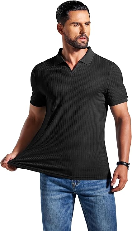 COOFANDY Men's Ribbed Polo Shirts Short Sleeve V Neck Slim Fit Polo T-Shirt Casual Summer Collared Golf Shirt