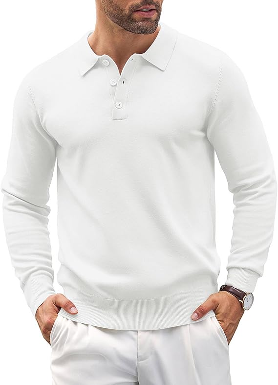 COOFANDY Mens Knit Polo Shirts Casual Long Sleeve Classic Polo Shirts Button Down Golf Shirts