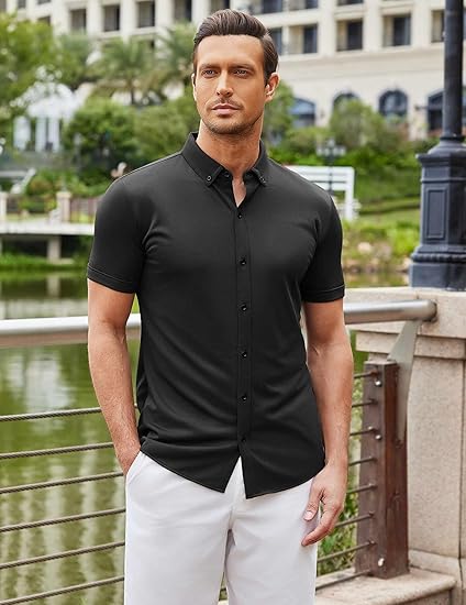 COOFANDY Men's Short Sleeve Casual Button Down Shark Shirts Wrinkle Free Untucked Shirt Summer Stretch Dress Shirts