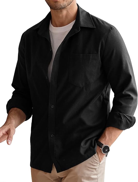 COOFANDY Men's Flannel Shirt Long Sleeve Cotton Button Down Casual Shirt Jacket Black