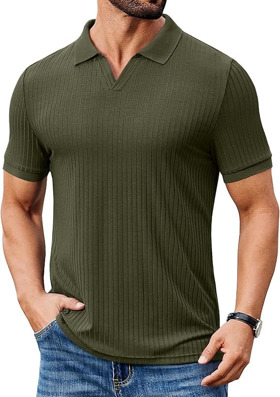 COOFANDY Men's Ribbed Polo Shirts Short Sleeve V Neck Slim Fit Polo T-Shirt Casual Summer Collared Golf Shirt