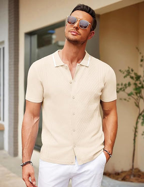 COOFANDY Men's Knit Short Sleeve Button Down Shirt Vintage Polo Shirt Casual Summer Beach Shirts