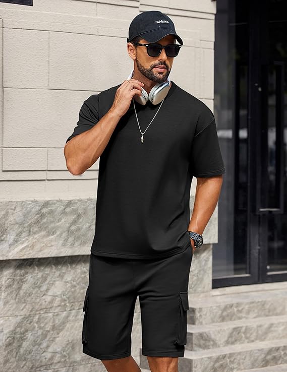 COOFANDY Men's Casual Short Sets 2 Piece Outfits Cotton T-Shirts and Cargo Shorts Set Summer Jogging Tracksuit