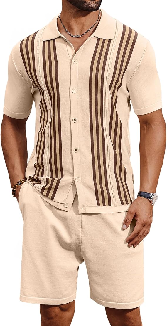 COOFANDY Men's 2 Piece Outfits Summer Short Sets Vintage Knit Button Down Shirt Short Sleeve Polo Casual Beach Suits