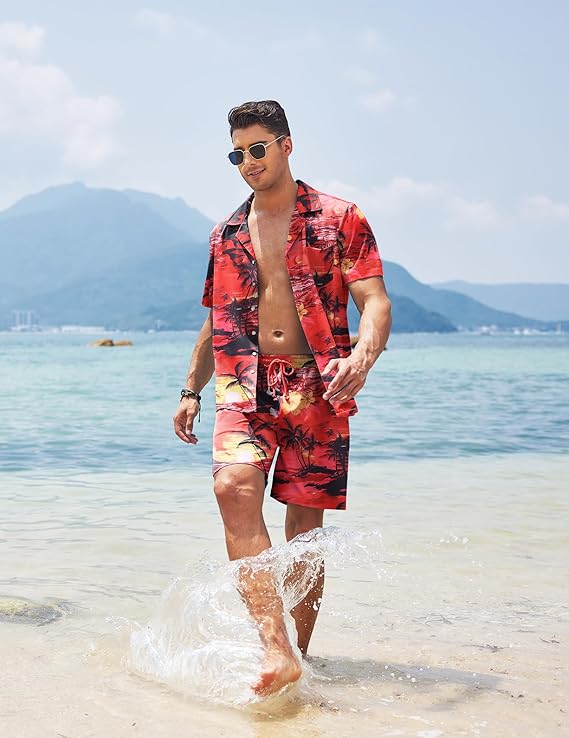 COOFANDY Men's Hawaiian Matching Shirt and Shorts Set Summer Beach 2 Piece Outfits Short Sleeve Cuban Shirts and Shorts