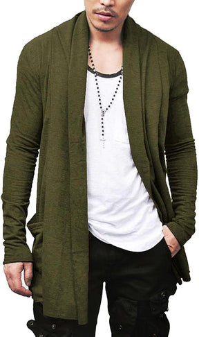 COOFANDY Men's Ruffle Shawl Collar Cardigan Open Front Lightweight Long Length Drape Cape Overcoat with Pockets S-XXXL