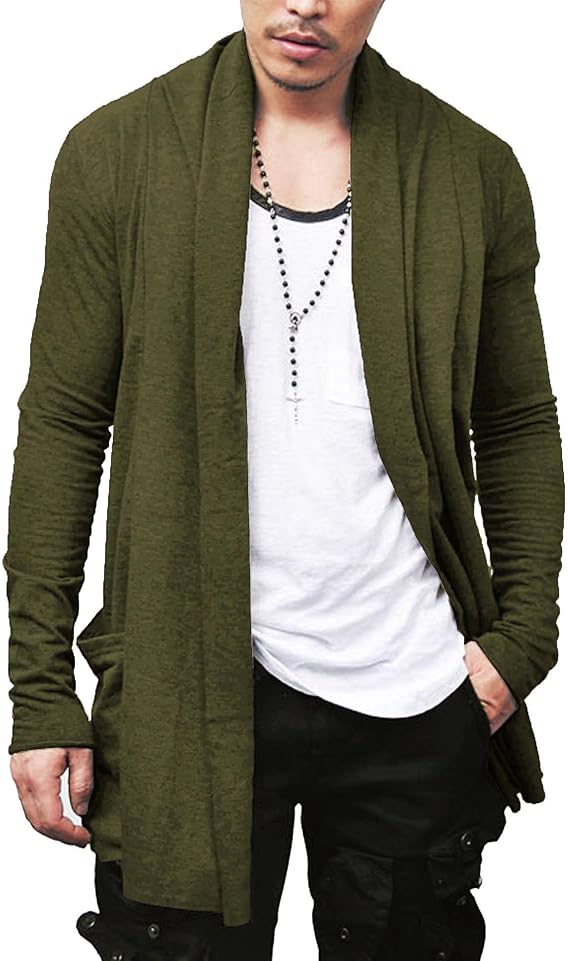 COOFANDY Men's Ruffle Shawl Collar Cardigan Open Front Lightweight Long Length Drape Cape Overcoat with Pockets S-XXXL