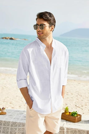 COOFANDY Men's Long Sleeve Cotton Linen Shirt Beach Button Down Shirts Casual Button Up Shirt Summer Yoga Tops with Pocket