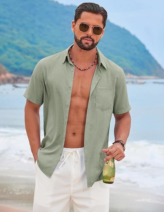 COOFANDY Men's Short Sleeve Casual Button Down Shirts Summer Beach Wedding Textured Linen Shirt for Men