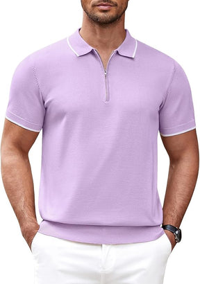 COOFANDY Men's Zipper Polo Slim Fit Shirt Knitted Spiral Cuffs Basic Tee