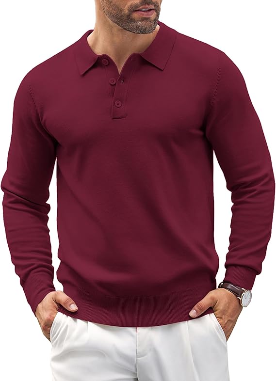 COOFANDY Mens Knit Polo Shirts Casual Long Sleeve Classic Polo Shirts Button Down Golf Shirts