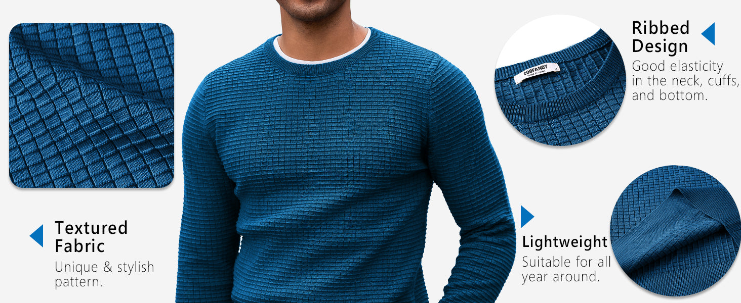 COOFANDY Mens Pullover Sweater Waffle Knit Crewneck Long Sleeve Dress Sweater