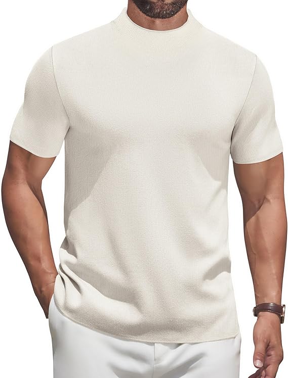 COOFANDY Men's Mock Turtleneck Sweater Short Sleeve Casual Knitted T-Shirts Thermal Tops Solid Basic Tee