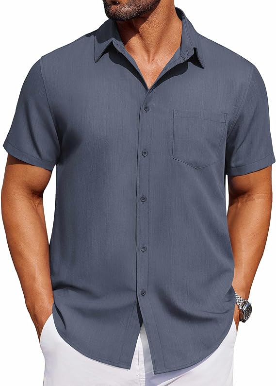 COOFANDY Men's Short Sleeve Button Down Shirt Casual Untucked Dress Shirt Stretch Denim Shirt