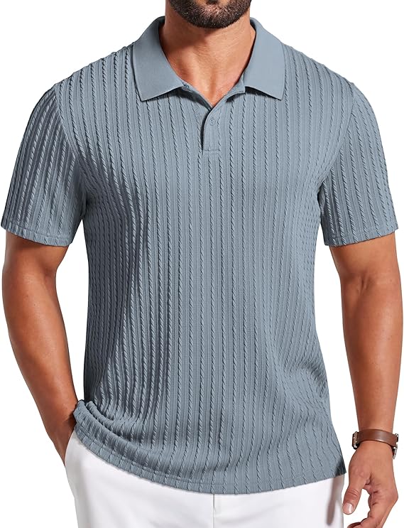 COOFANDY Mens Polo Shirt Textured Knit Button Casual Short Sleeve Summer Vacation Beach Stretchy Golf Shirts