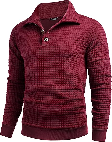 COOFANDY Mens 1/4 Quilted Pullover Half Casual Stand Collar Long Sleeve Sweatshirt Big and Tall Mock Neck Sweater