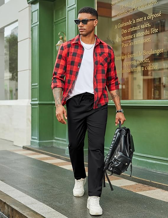 COOFANDY Men's Casual Pants Drawstring Elastic Waist Chino Pants Straight Leg Slacks Cotton Twill Trousers with Pockets