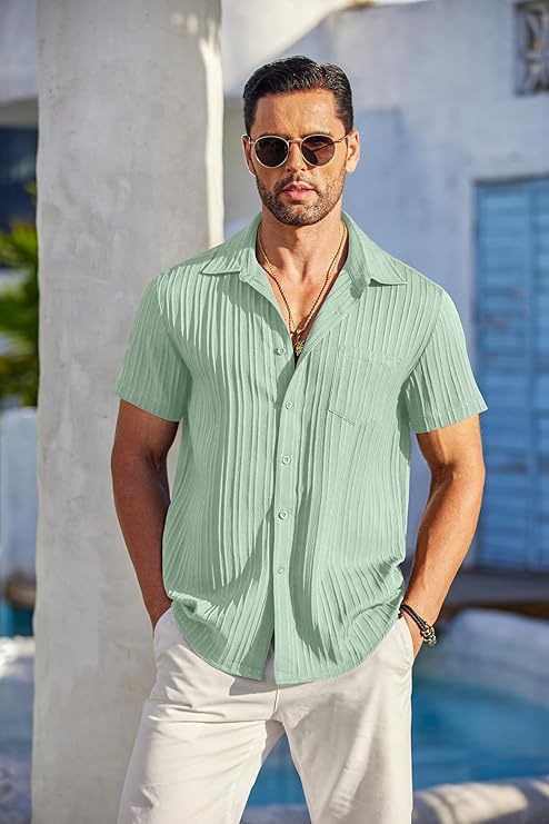 COOFANDY Men's Saint Patrick's Day Green Short Sleeve Textured Casual Button Down Shirt with Pocket Summer Beach Wear