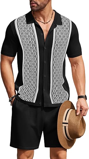 COOFANDY Men's 2 Piece Outfit Vintage Short Sleeve Button Down Knit Polo Shirts Casual Beach Shorts Sets