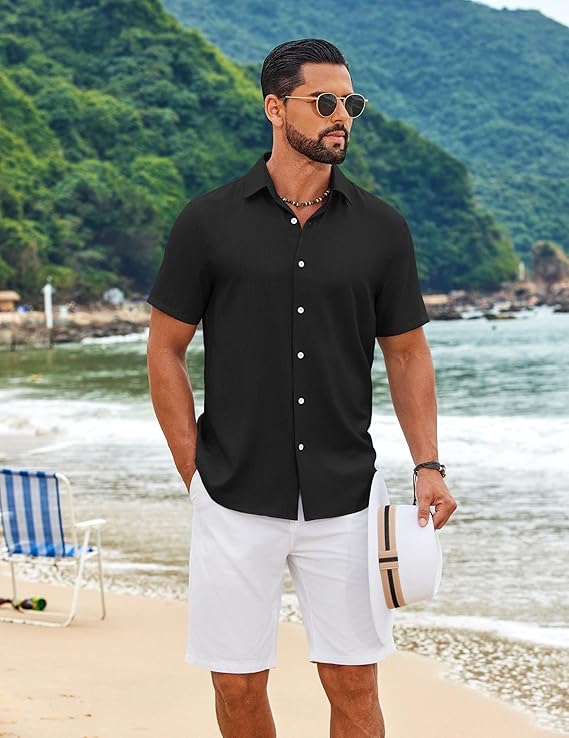 COOFANDY Mens Button Down Shirt Short Sleeve Casual Linen Shirts Summer Beach Wedding Shirts