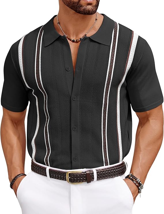 COOFANDY Knit Shirts for Men Casual Short Sleeve Button Down Shirts Summer Beach Stretch Fit Collared Shirts