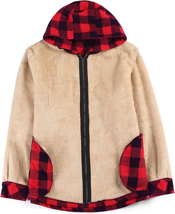 COOFANDY Men's Flannel Fleece Jacket Sherpa Lined Shirt Jacket Plaid Zip Up Hoodie Soft Warm Coat with Hood