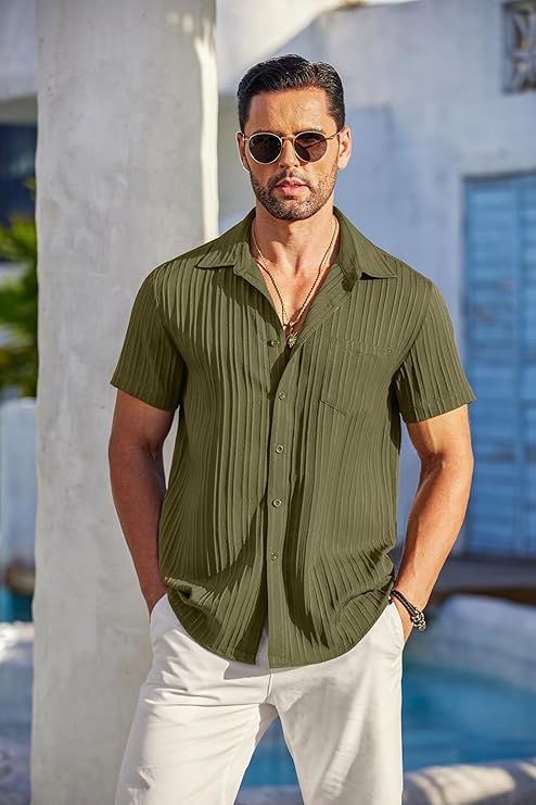 COOFANDY Men's Saint Patrick's Day Green Short Sleeve Textured Casual Button Down Shirt with Pocket Summer Beach Wear